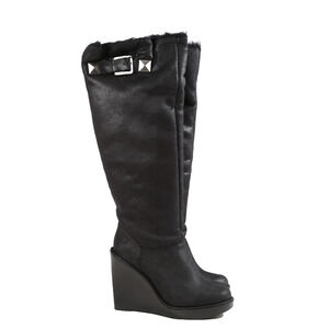 Michael Kors Black Faux Suede Calista Wedge Boots Size 8.5M Winter Knee Height